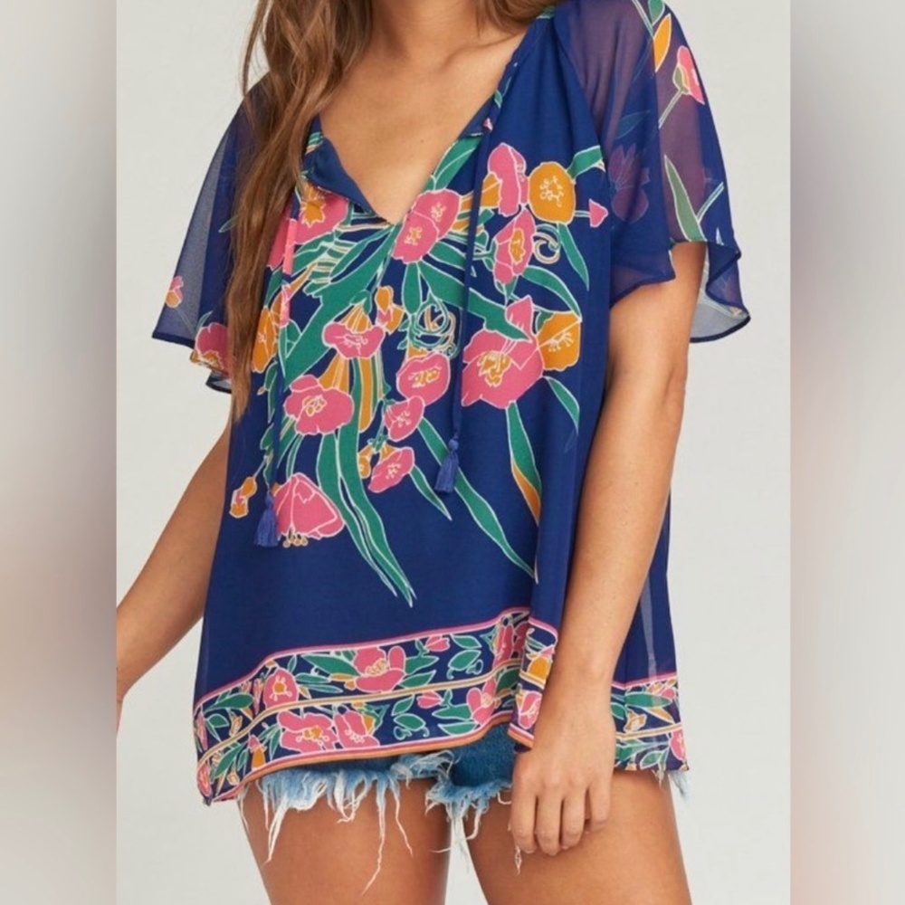 Show Me Your Mumu Cait‎ Bouquet Bundle Floral Tassel Boho Flowy Tunic Sheer S